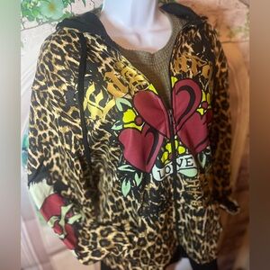 Ed Hardy Women's Size M Leopard Love Zip Up Hoodie Sweatshirt NWT